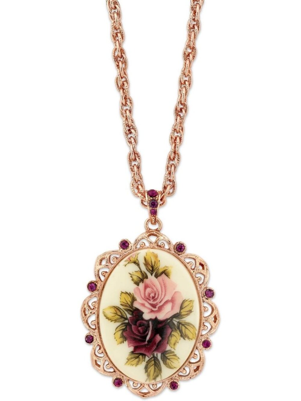 Elegant Victorian Pendant Necklace - Oval Floral Rose Gold Filigree with